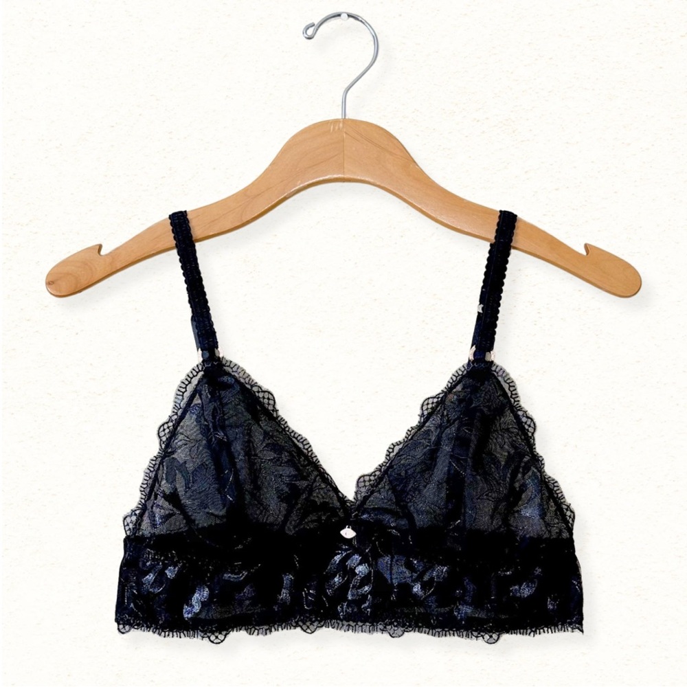 Sofia Intimates Embroidered Shine Triangle Bralette - Black, Size Large